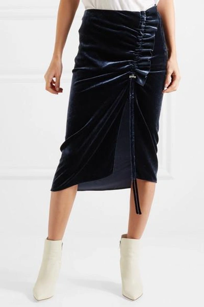 Shop Cedric Charlier Gathered Velvet Midi Skirt In Midnight Blue