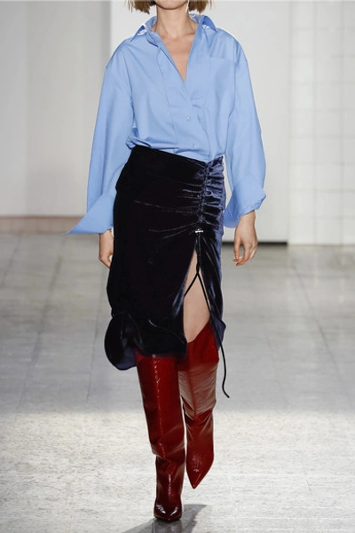 Shop Cedric Charlier Gathered Velvet Midi Skirt In Midnight Blue