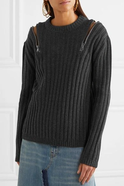 Shop Moschino Zip-embellished Ribbed-knit Sweater
