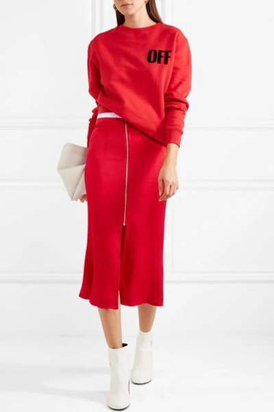 Shop Maggie Marilyn Focus On The Good Striped Jersey-trimmed Satin Midi Skirt In Red