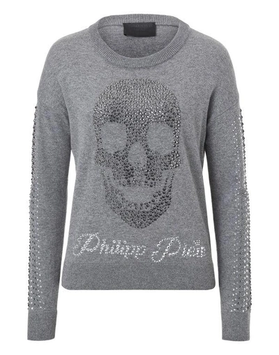 Shop Philipp Plein Pullover Round Neck Ls "alstar Skull" In Grey Melange