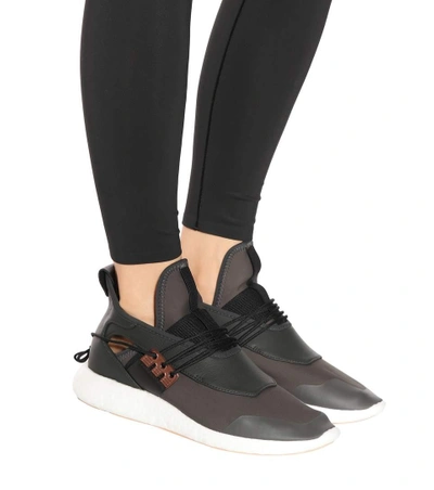 Shop Y-3 Elle Run Leather And Fabric Sneakers In Llack Olive-y3