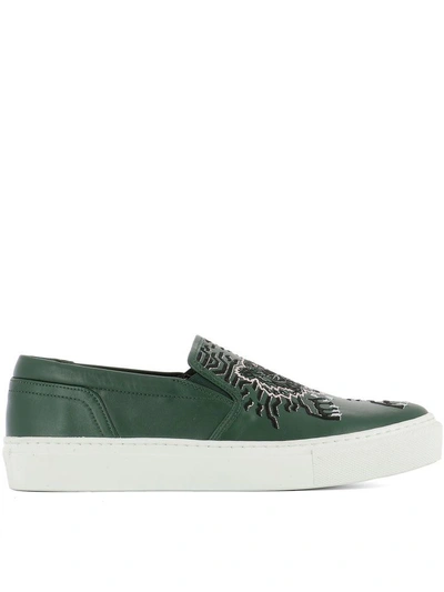 Shop Kenzo Green Leather Slip On