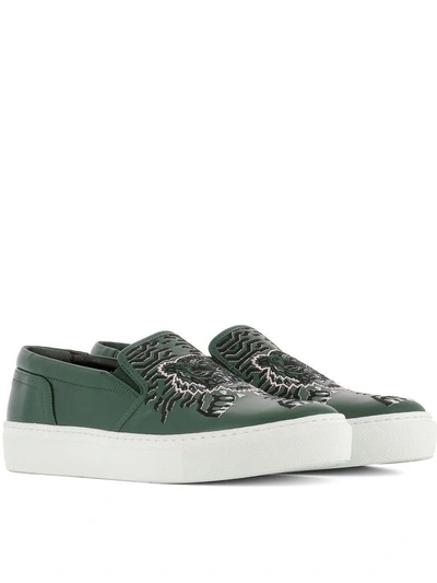 Shop Kenzo Green Leather Slip On