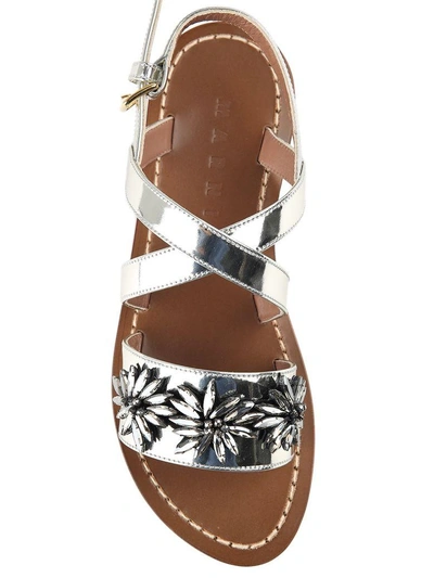 Shop Marni Embellished Metallic-leather Flat Sandals In Argento