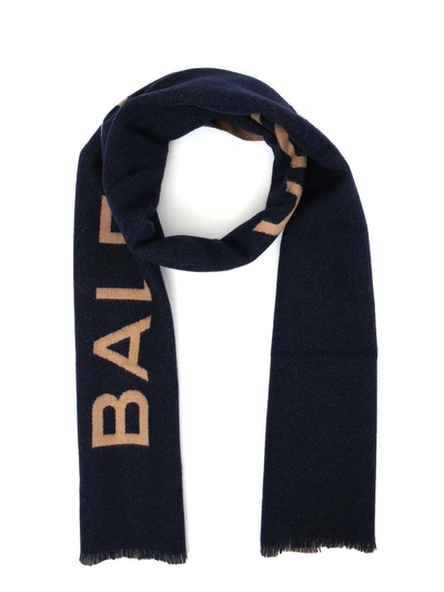 Balenciaga Cashmere Scarf With Big Logo In Navy-brown