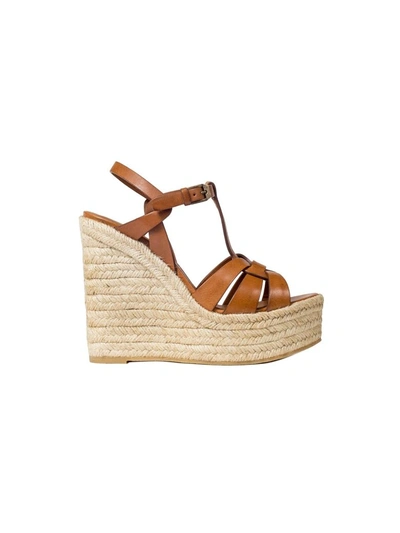 Shop Saint Laurent Leather Wedge Sandals In Brown