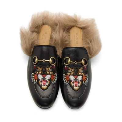 Shop Gucci Black Fur Princetown Slippers In 1063 Black/natural