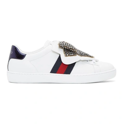Shop Gucci White Bow Ace Sneakers In 9182 White