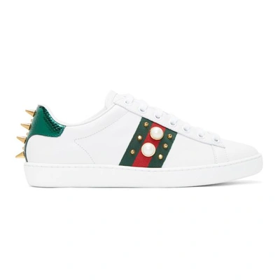 Shop Gucci White Pearls And Studs Ace Sneakers In 9064 White