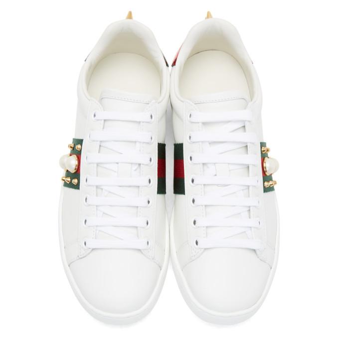 Gucci White Pearls And Studs Ace Sneakers In 9064 White | ModeSens