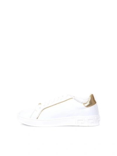 Shop Versace Leather Contrasting Piping Sneakers In White/gold