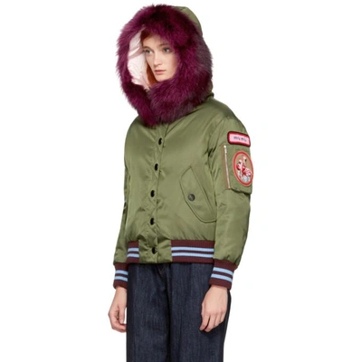 Shop Miu Miu Green Satin & Fur Bomber Jacket