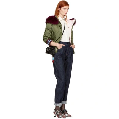 Shop Miu Miu Green Satin & Fur Bomber Jacket