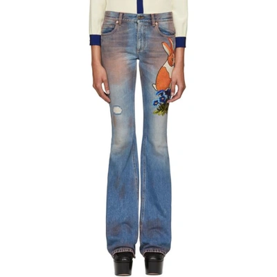 Shop Gucci Blue Embroidered Flared Jeans