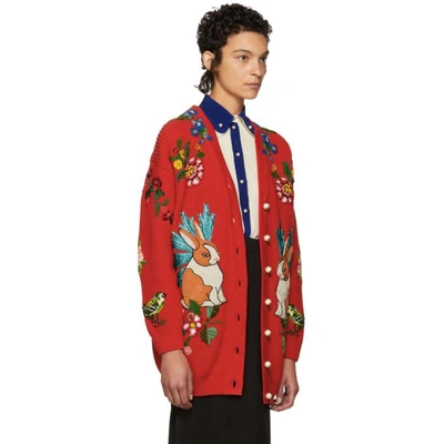 Shop Gucci Red Oversized Embroidered Wool Cardigan