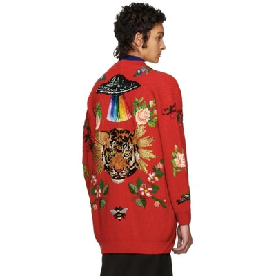 Shop Gucci Red Oversized Embroidered Wool Cardigan