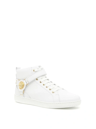 Versace Leather Harness Mid-top Sneaker With Gold Medallion, White In ...