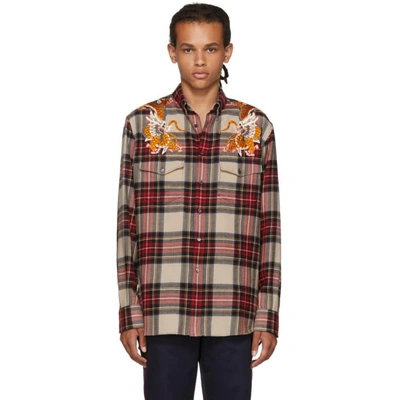 Belønning skjold bestøve Gucci Dragon-embroidery Checked Wool Shirt In Red Multi | ModeSens