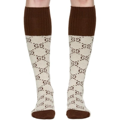 Shop Gucci Beige Knee-high Gg Socks In 9765 Beige/brown