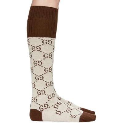 Shop Gucci Beige Knee-high Gg Socks In 9765 Beige/brown