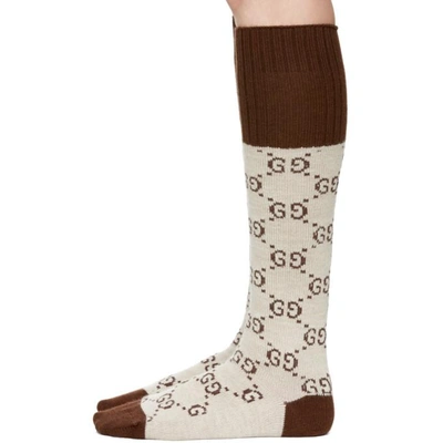 Shop Gucci Beige Knee-high Gg Socks In 9765 Beige/brown