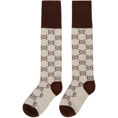 Shop Gucci Beige Knee-high Gg Socks In 9765 Beige/brown