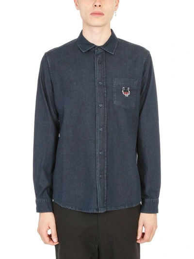 Shop Kenzo Tiger Crest Denim Blue Shirt