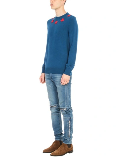 Shop Givenchy Star Appliques Blue Wool Jumper