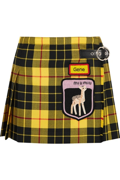 Shop Miu Miu Appliquéd Tartan Wool Mini Skirt
