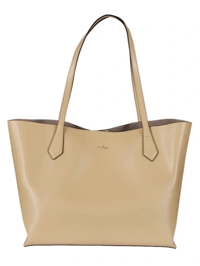 Hogan Leather Shopper Bag In Beige