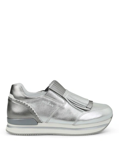 Shop Hogan H222 Fringed Leather Slip-ons In Silver