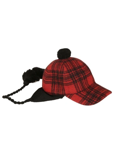Gucci Pompom Plaid Cap In Red