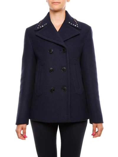 Valentino Rockstud-trim Double-breasted Peacoat, Navy In Navyblu
