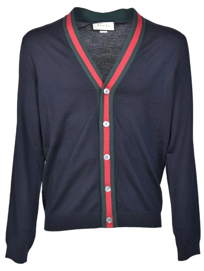 Shop Gucci Web Trim Classic Cardigan In Blu