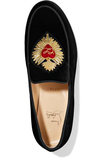 Shop Christian Louboutin Perou Corazon Appliquéd Velvet Loafers In Black