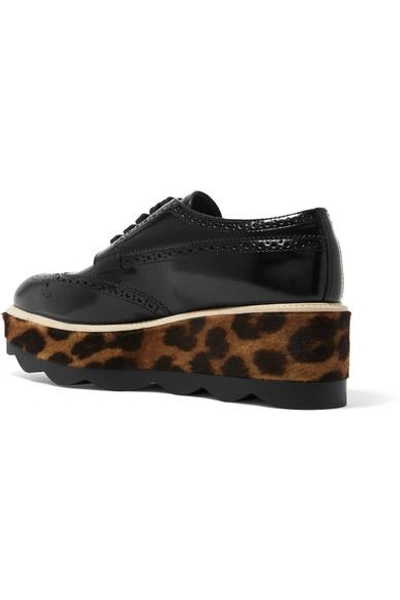 Shop Prada Glossed-leather And Leopard-print Calf Hair Platform Brogues In Black