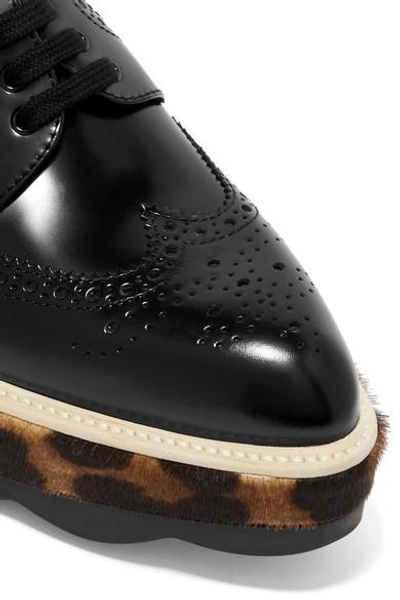 Shop Prada Glossed-leather And Leopard-print Calf Hair Platform Brogues In Black