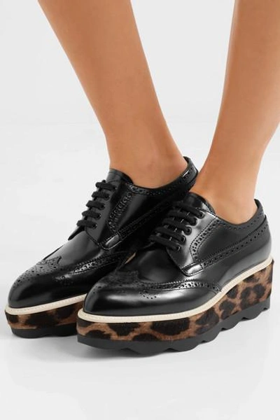 Shop Prada Glossed-leather And Leopard-print Calf Hair Platform Brogues In Black