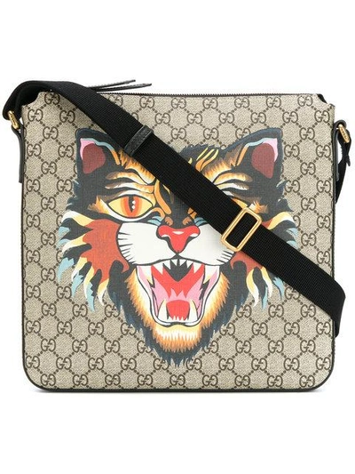 Shop Gucci Angry Cat Print Gg Supreme Flat Messenger Bag