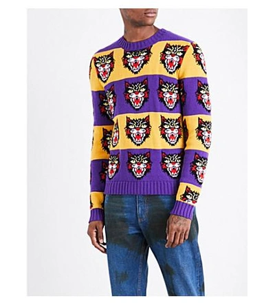 Shop Gucci Angry Cat Striped Wool Sweater In Purple Yellow