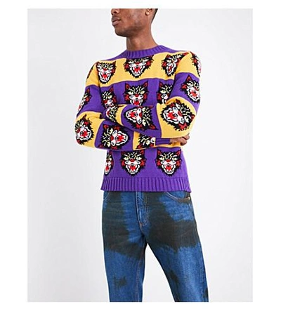 Shop Gucci Angry Cat Striped Wool Sweater In Purple Yellow