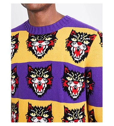 Shop Gucci Angry Cat Striped Wool Sweater In Purple Yellow