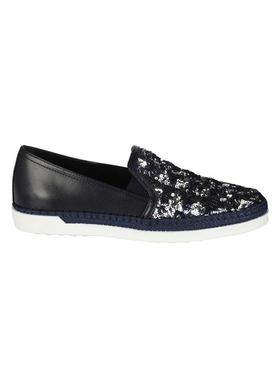 Shop Tod's Sequin Embellished Slip-on Sneakers In Blue