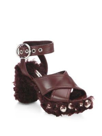 Shop Miu Miu Studded Shearling & Leather Sandals In Bordeaux