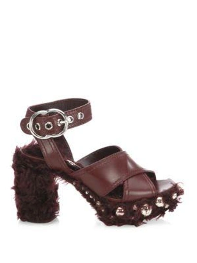 Shop Miu Miu Studded Shearling & Leather Sandals In Bordeaux