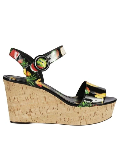 Shop Dolce & Gabbana Fruit Print Wedge Sandals In Black/multicolor