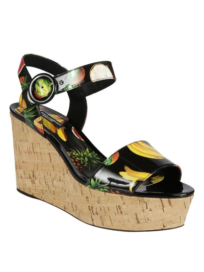 Shop Dolce & Gabbana Fruit Print Wedge Sandals In Black/multicolor