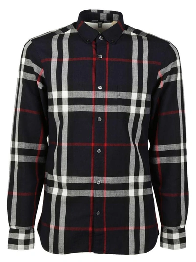 Shop Burberry Checked Shirt In Navy