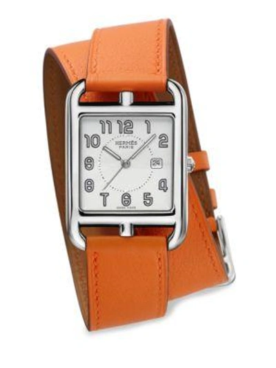 Shop Hermès Watches Cape Cod 29mm Stainless Steel & Leather Double-wrap Strap Watch In Orange